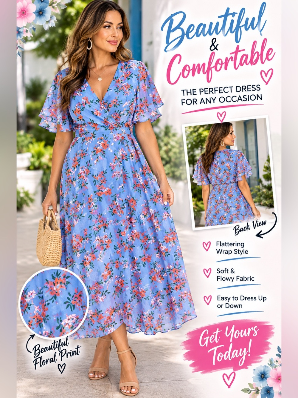 Vince Camuto Periwinkle Blue with Coral Floral High-Low Wrap Midi Dress